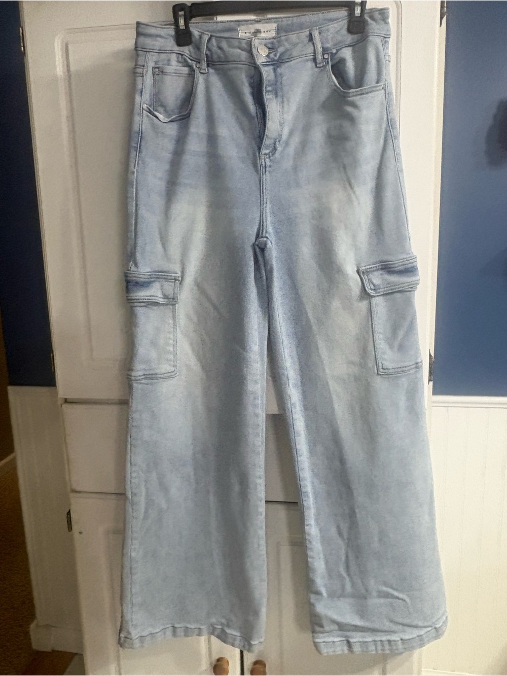 Light Blue High-Rise Cargo Wide-Leg Jeans for Women